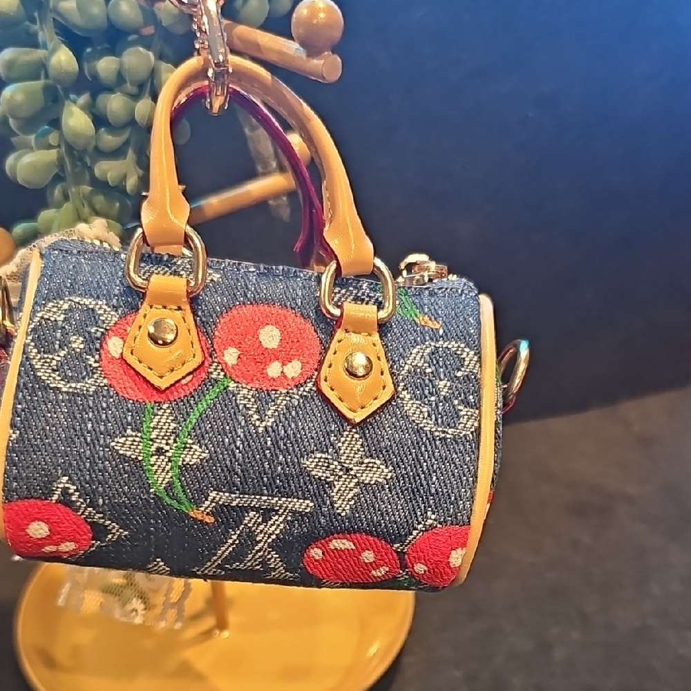 Denim Cherry Embellished Mini Bag Keychain with Pearls - Picture 4 of 6